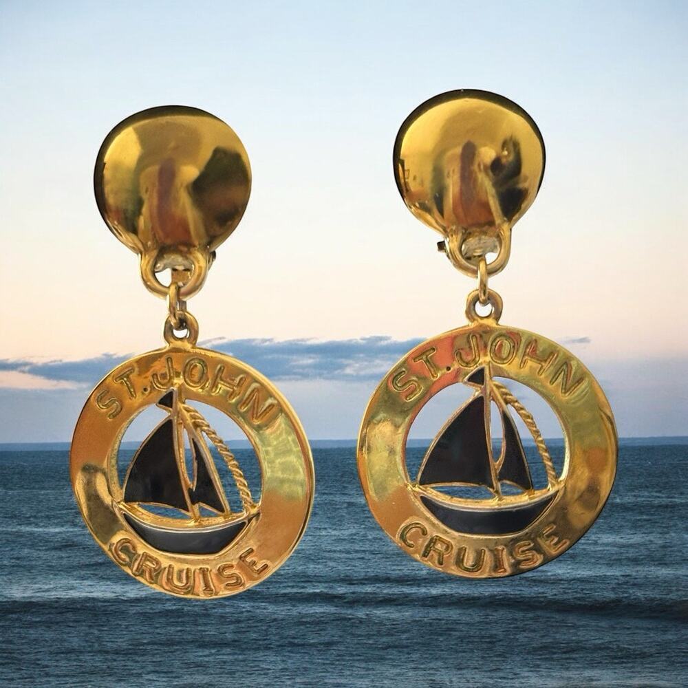St John Earrings Cruise Nautical Spell Out Clip On Black Enamel Gold Vintage - Picture 7 of 7